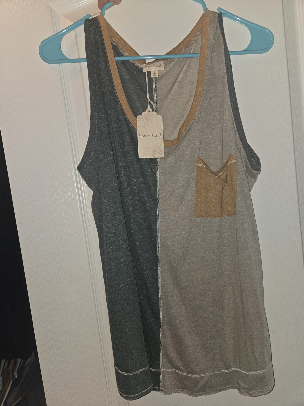 Hem & Thread Two-Tone Scoop Tank in Charcoal, Light Gray & Tan Trim